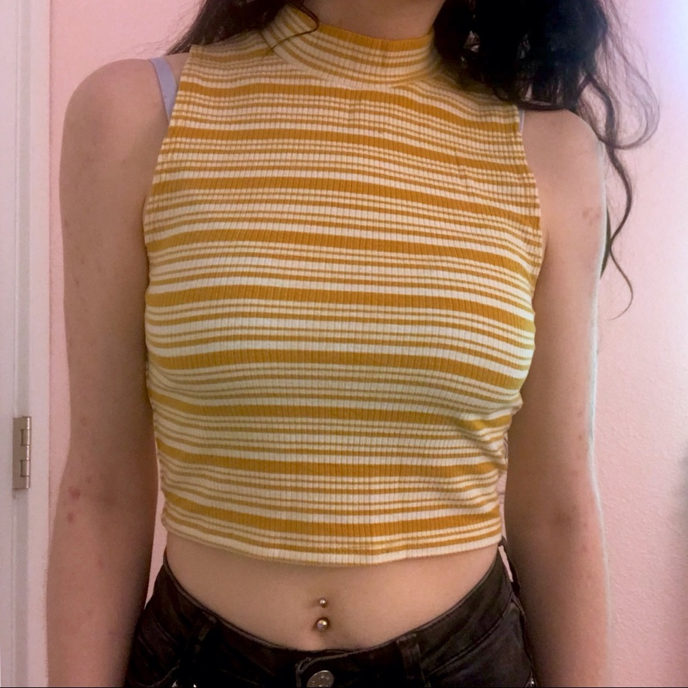 Yellow and White Striped Mock Neck Crop Top